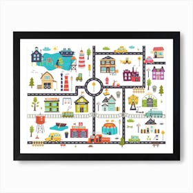 Horizontal kids map with roads, cars, buildings Art Print