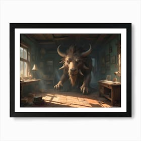 A Monstrous, Lion Like Creature With Horns And Fangs Stands Menacingly In A Dusty, Old Fashioned Room Art Print