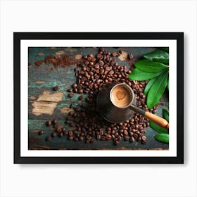 Coffee Beans And Leaves - coffee poster, kitchen wall art Art Print