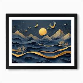 3d Modern Art With Dark Blue And Golden Wave Background Art Print