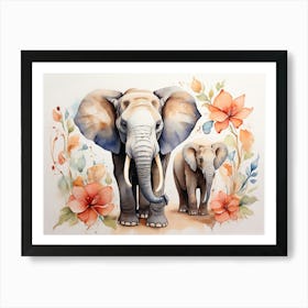 Elephants and Baby Floral Art Print