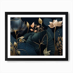 Elegant Deep Blue and Gold Botanical Art Print