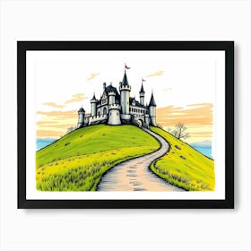 Castle On A Grassy Hill With Winding Path, Sketched Painting Art Affiche