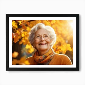 Elderly Woman Radiating Joy Amidst Crisp Autumn Leaves Close Up Orange Yellow Foliage Surrounding (4) Art Print