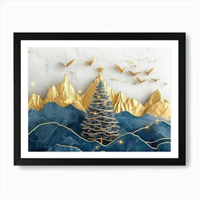 3d Modern Art with Christmas Tree, Golden Lines and Mountain and Birds in Blue Marble Art Print