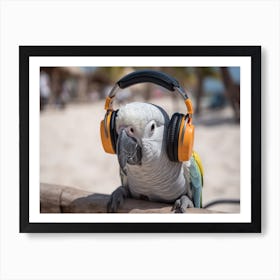 An 1006 Parrot At Beach Resort Wearing Tiny Headphones 11x14 Art Print