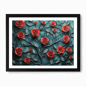 3d Texture of Branches with Red Roses and Leaves Art Print