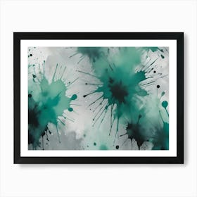 Abstract Background With Splatters And Splashes Of Teal And Black Ink On A Gray And White Textured Background Art Print