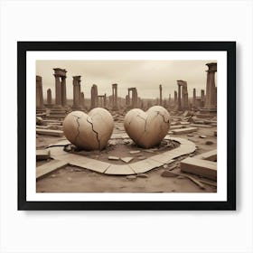 Two Broken Heart Sculptures Are Placed In The Center Of An Ancient, Ruined City, Suggesting The End Of Love Or A Lost Civilization Art Print