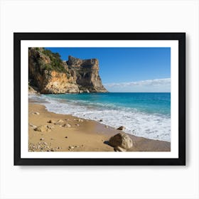 Cliffs and blue sea water on the beach. Cala Moraig Art Print