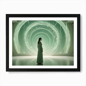 A Woman In A Green Dress Stands In A Room With A Large, Glowing Green Circular Portal, Suggesting A Transition Or Journey To Another World Art Print