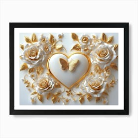 3d Gold Roses and Butterflies in Heart Art Print