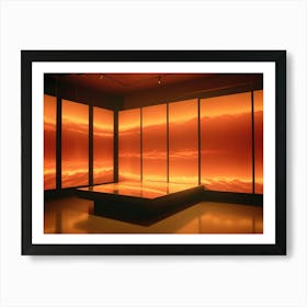 Abstract Digital Image Of A Room With Five Large Screens Displaying A Fiery, Orange Landscape With Vertical Beams Of Light, Creating A Dramatic And Futuristic Atmosphere Art Print