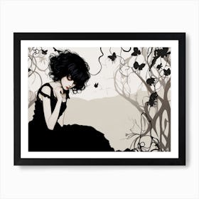 Sad Gothic Girl In A Black Dress Red Accent Art Print