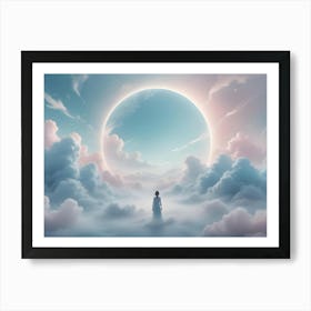 A Woman In A White Dress Standing On A Platform Of Clouds, Gazing At A Large, Bright Ring In The Sky Art Print