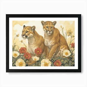 Floral Animal Illustration Mountain Lion 5 Art Print