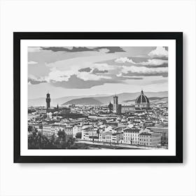 Panoramic View of Florence. This image depicts a panoramic view of Florence, Italy, showcasing its iconic architectural landmarks. The prominent structures include the Florence Cathedral with its distinctive dome and the Palazzo Vecchio with its tall tower. The cityscape is set against a backdrop of rolling hills and a partly cloudy sky, capturing the historical and cultural essence of Florence. 1 Art Print