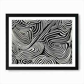 Retro Inspired Linocut Abstract Shapes Black And White Colors art, 200 Art Print