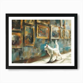 White Cat In The Library - Wandering In The Exhibition Room Art Print