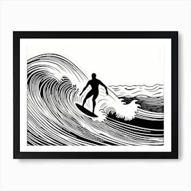 Linocut Black And White Surfer On A Wave art, surfing art, 270 Art Print