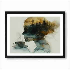 Silhouette Of A Woman Drinking Coffee Art Print