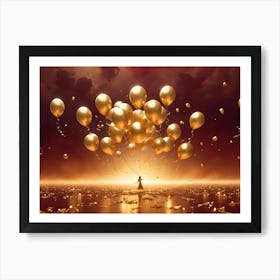 A Woman In A Dress Standing In A Field Of Golden Confetti With A Bunch Of Golden Balloons Floating Above Her, Creating A Festive And Magical Scene Art Print