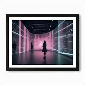 A Woman Stands In A Curved Gallery Space With A Large, Digital Screen Displaying A Dynamic, Abstract Image Of Glowing Lines And Data Art Print