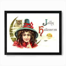 Little Witch Girl Wish You A Joyful Halloween With Her Owl On The Shoulder Art Print