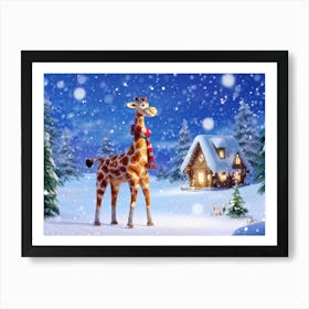 Giraffe Adorned With A Festive Scarf Trotting Joyously Through A Snow Covered Wonderland Flurries Art Print