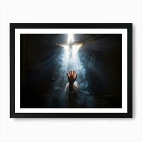 An Ultra Realistic Depiction Of A Hand Raised In A Gesture Of Prayer Emerging From Darkness Into A (3) Art Print