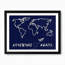 Adventure Awaits Vintage World Travel Map Blue Art Print