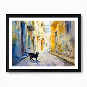 Bari, Italy   Black Cat In Street Art Watercolour Painting 2 Art Print