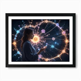 A Woman Stands In Profile, Gazing At A Glowing Network Of Neurons And Synapses, Symbolizing Consciousness, Thought, And Brain Activity 1 Art Print