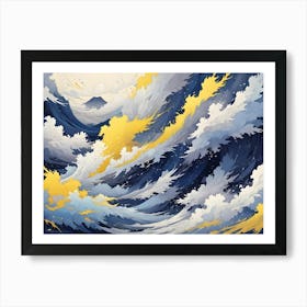 Abstract Illustration Of Large Waves Crashing With Golden Highlights Against A Dark Blue Sky Art Print