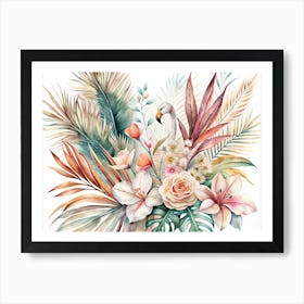 Watercolor Floral Bouquet With A Flamingo Art Print