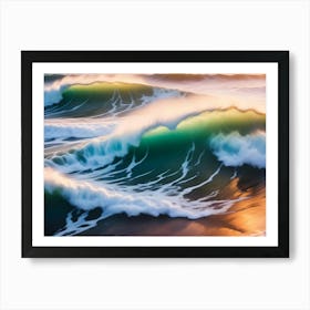 Powerful, Turquoise Ocean Waves Crash On A Sandy Shore At Sunset, Creating A Dramatic Display Of Light And Motion Art Print