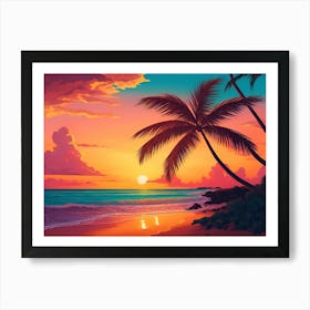 A Tranquil Beach At Sunset Horizontal Illustration 58 Art Print