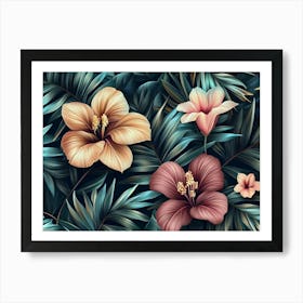 Tropical Seamless Pattern With Exotic Leaves, Strelitzia Flowers, Hibiscus And Plumeria 1 Art Print