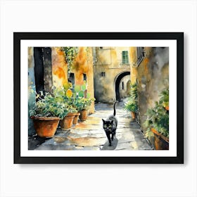 Black Cat In Livorno, Italy, Street Art Watercolour Painting 1 Art Print