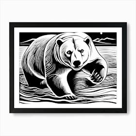 Polar Bear In The Water linocut art, animal art, 176 Art Print