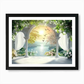 3d Beautiful View of Landscape Background from the Old Arches, Tree, Sun, Water, Birds Art Print