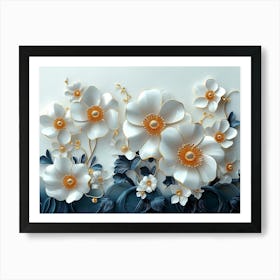 Sophisticated 3d Artwork Design, White and Blue Tones, Golden Jewelry, Floral Motifs 2 Art Print