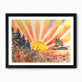 Sunset In the Mountains, Boho Landscape, Wildflowers 1 Art Print