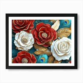 3d Seamless Pattern Diamond Painting White, Crimson, Turquoise and Golden Roses Flowers Art Print