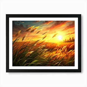 Golden Sunset Over A Field Of Tall Grass Art Print