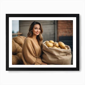 Young Woman Holding Sack Of Potatoes Art Print