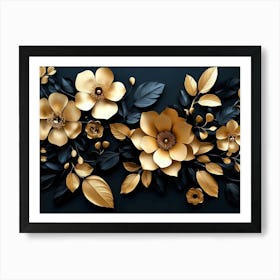 Gold Flowers On Black Background 7 Art Print