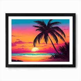 A Tranquil Beach At Sunset Horizontal Illustration 23 Art Print