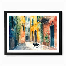 Black Cat In Verona, Italy, Street Art Watercolour Painting 3 Art Print