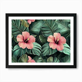 Tropical Seamless Pattern With Hibiscus Flowers, Beautiful Palm, Banana Leaves 1 Art Print